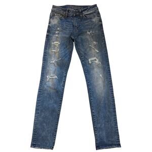 American Eagle Jeans Mens Sz 28x32 Blue Jean Slim Tapered Leg Stretch Distressed